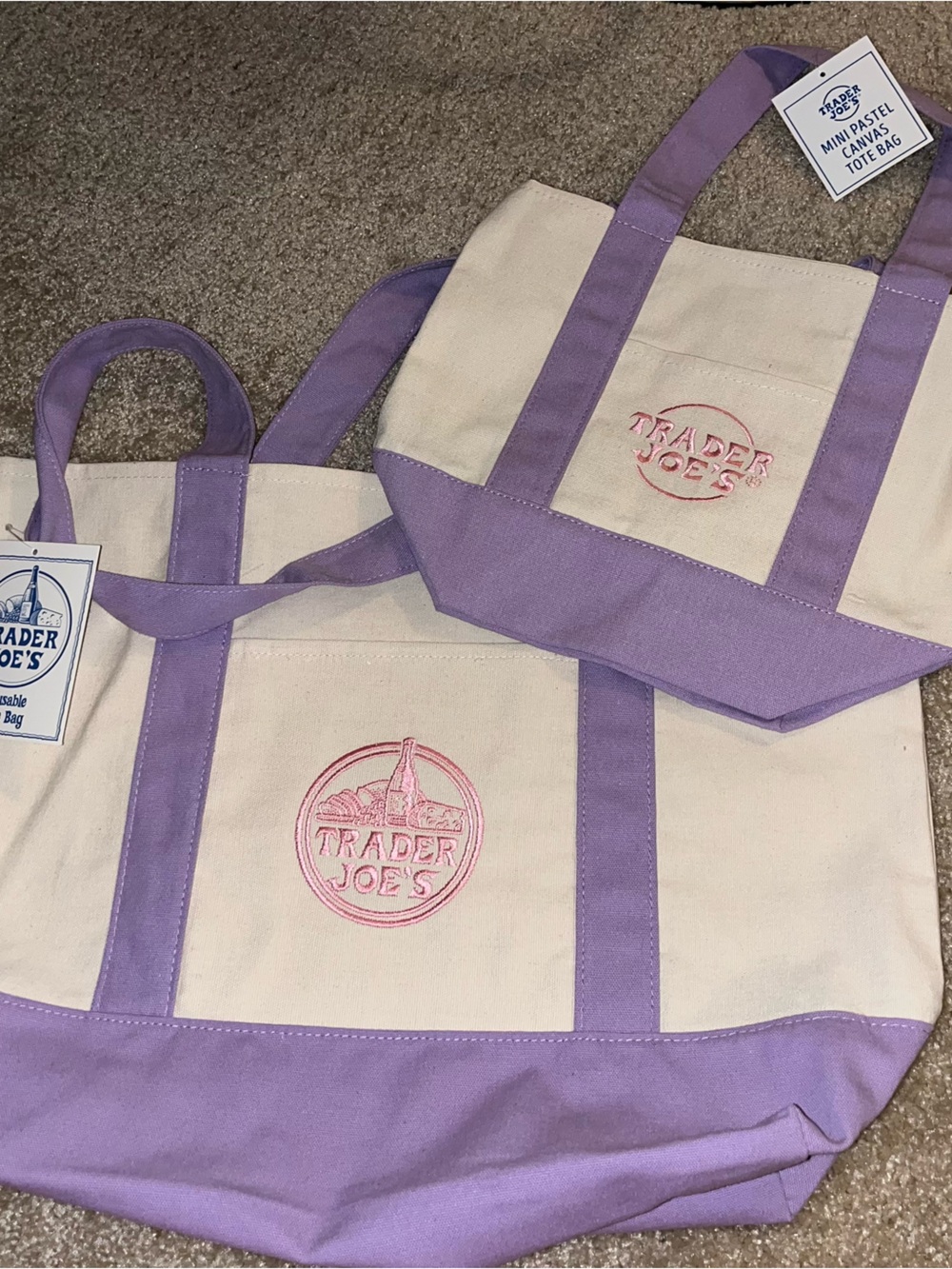 *NWT* Trader Joe's Lavender and Cream Canvas Tote Mini and Full Size Bag Set